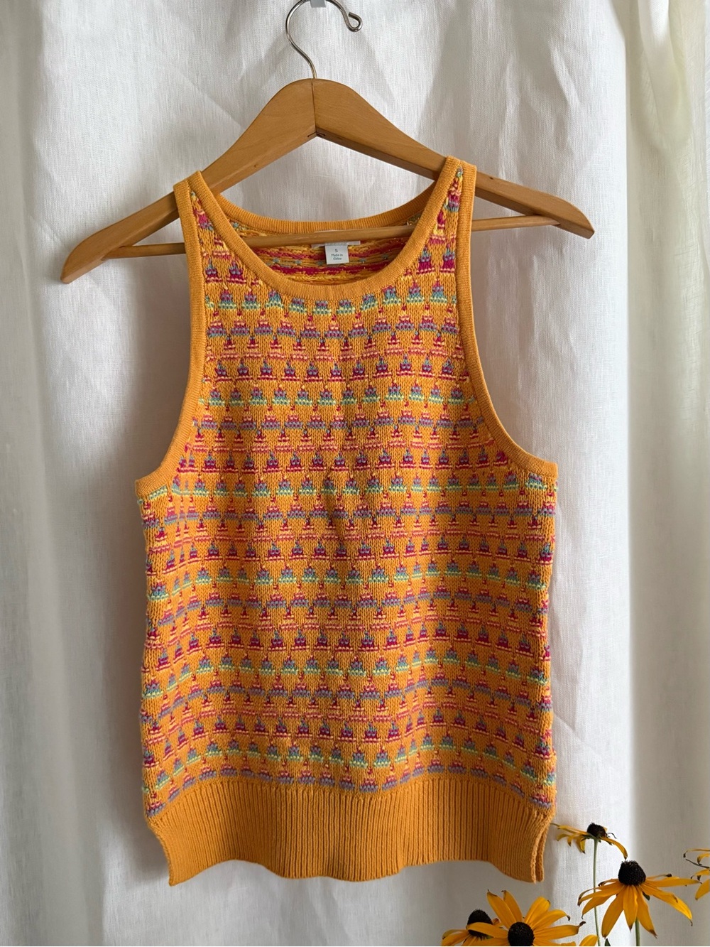Vintage Sundance Textured Knit Sweater Tank S Marigold Multicolor Boho RN 10620